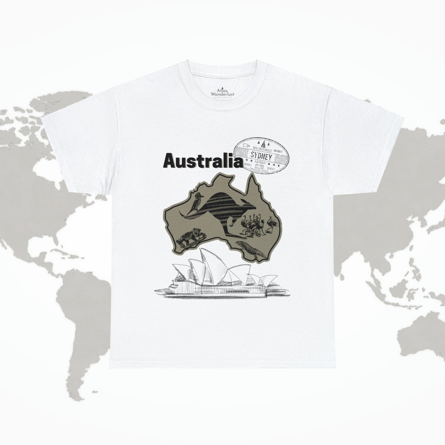 Australia Down Under T-Shirt, Kangaroo Tee Atlas Wanderlust