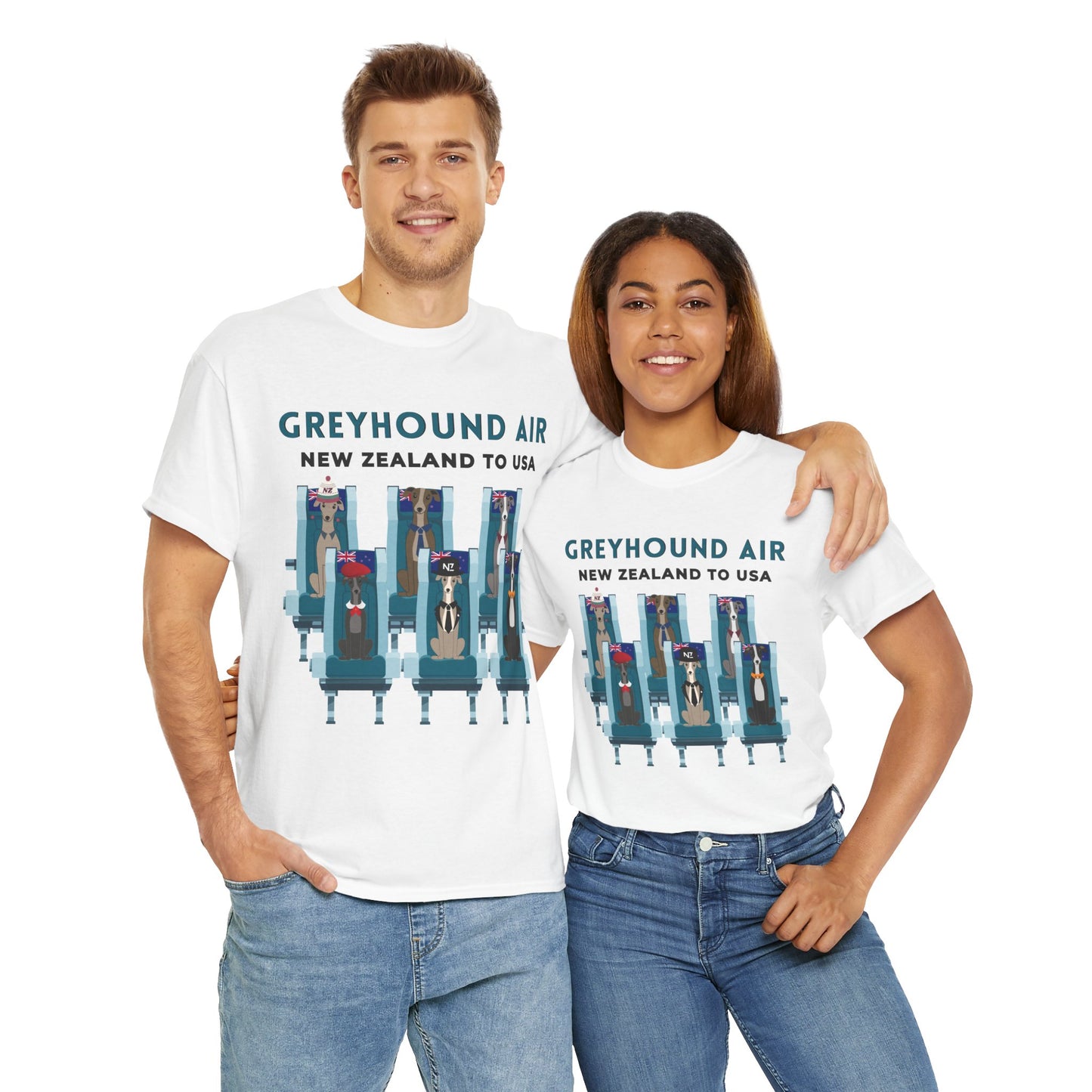 Greyhound Air short sleeve unisex shirt featuring New Zealand to USA greyhound rescue aviation design