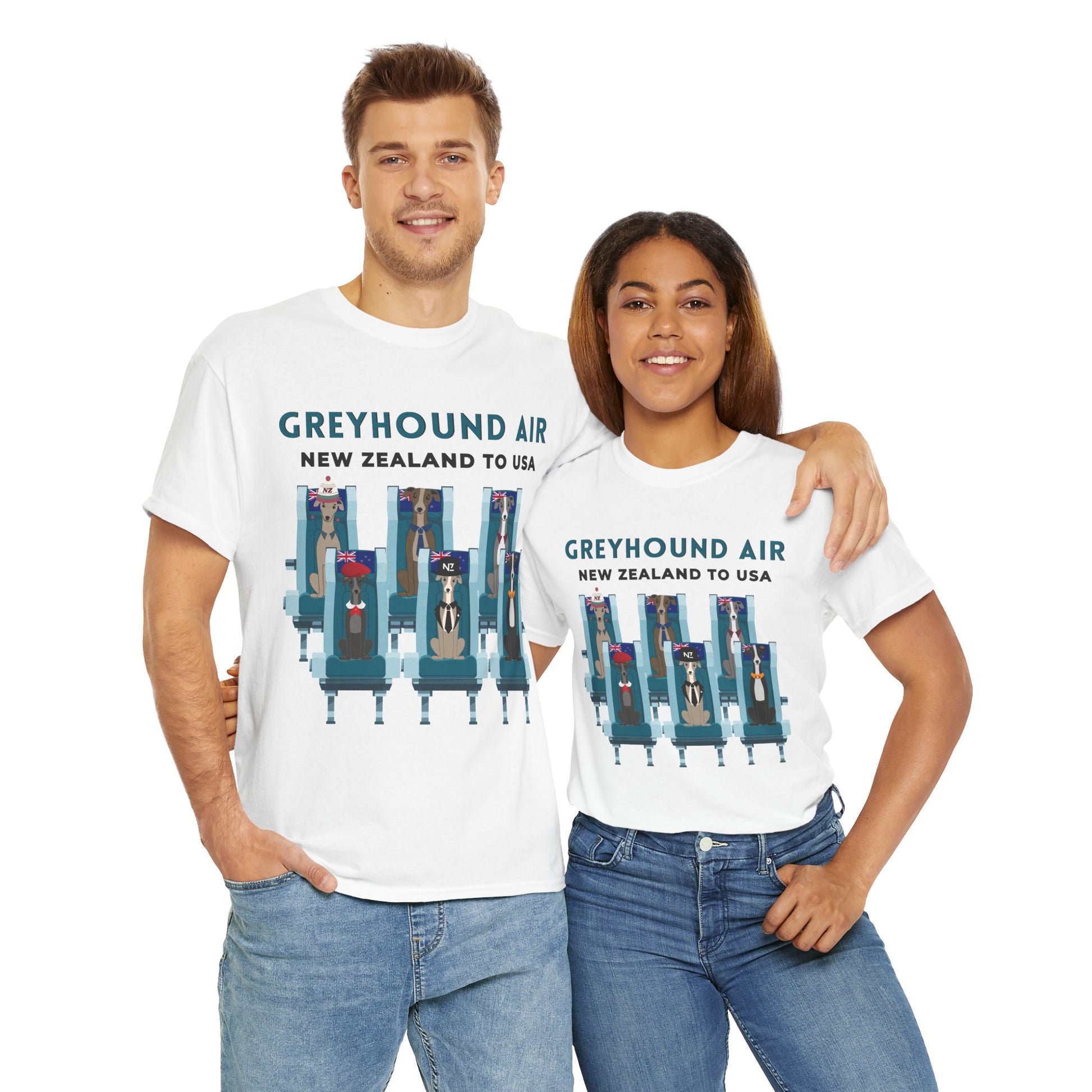 Greyhound Air short sleeve unisex shirt featuring New Zealand to USA greyhound rescue aviation design
