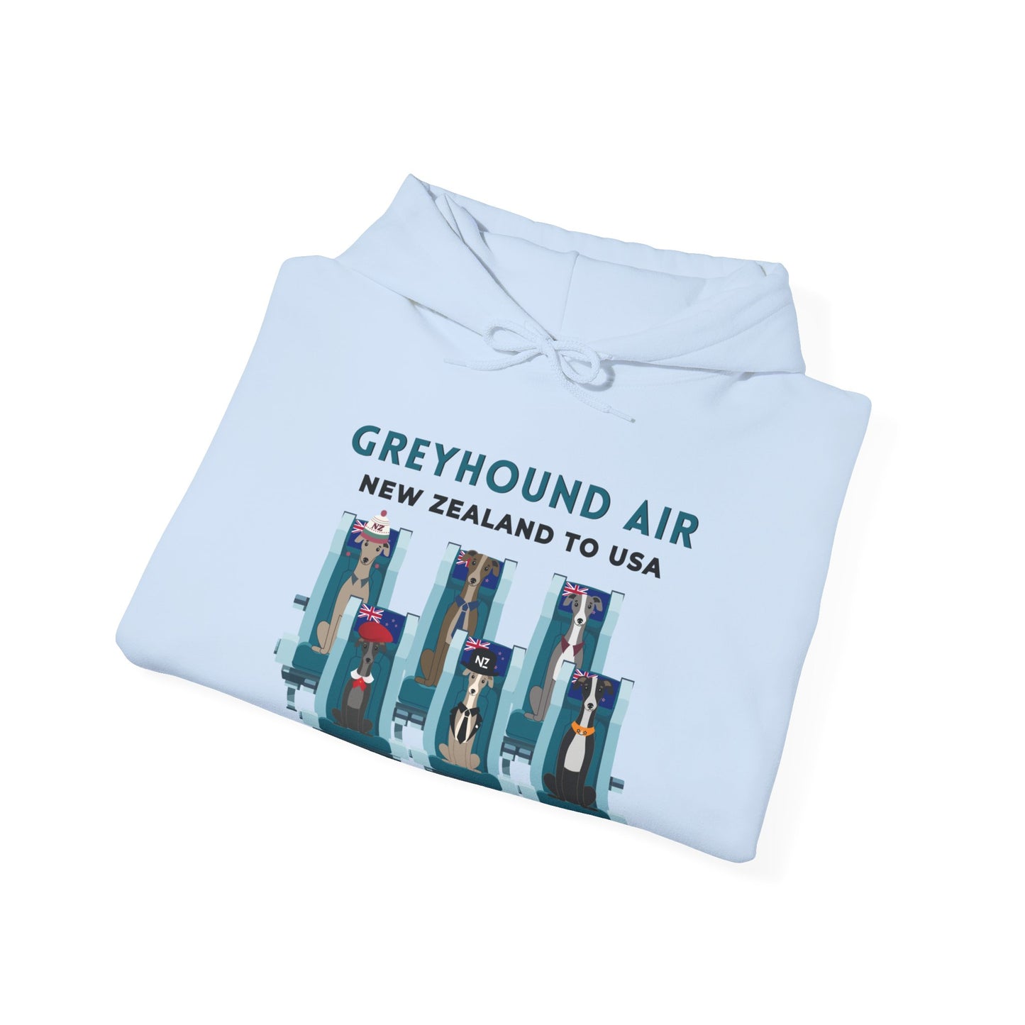 Greyhound Air unisex hooded sweatshirt with New Zealand to USA aviation graphic, classic fit design