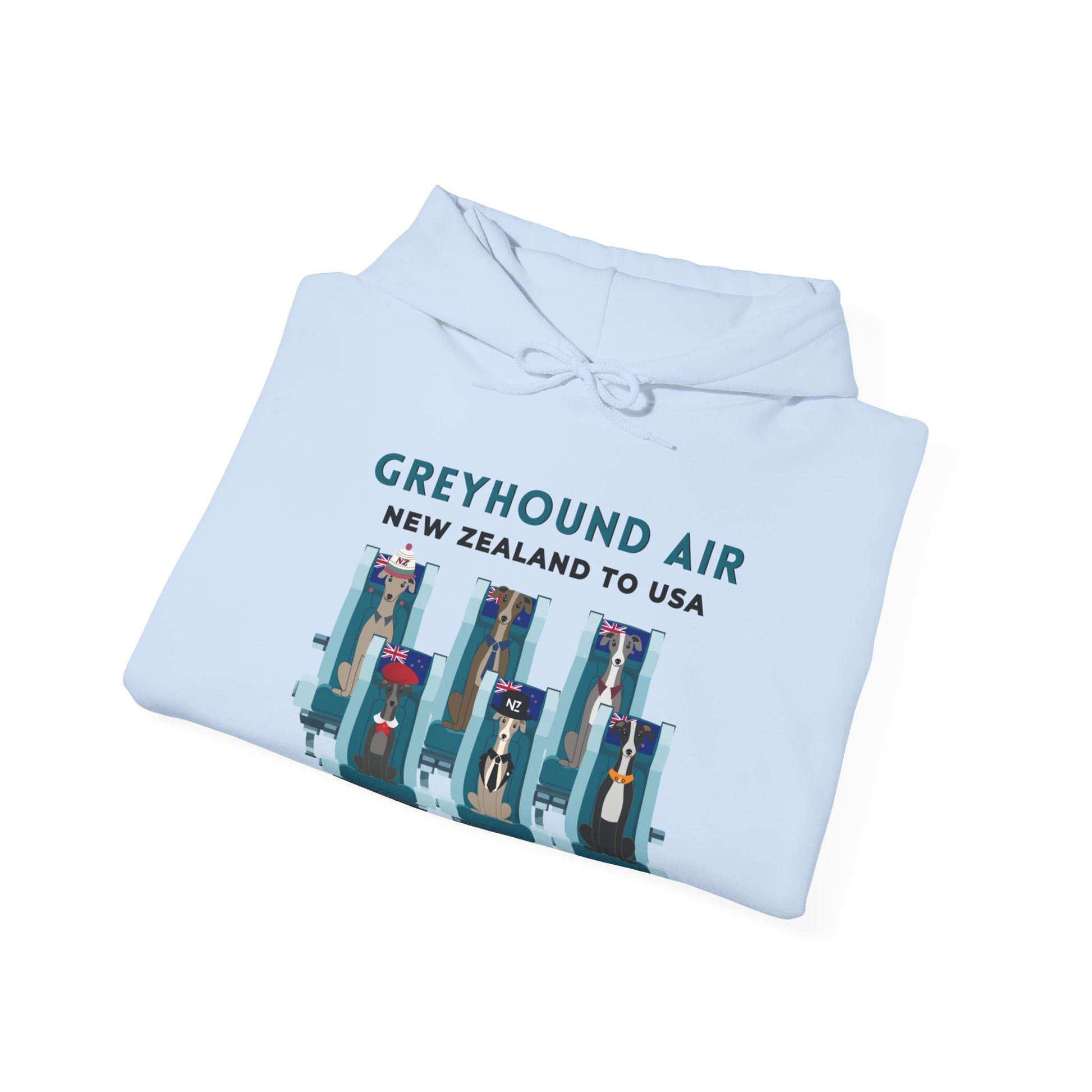 Greyhound Air unisex hooded sweatshirt with New Zealand to USA aviation graphic, classic fit design