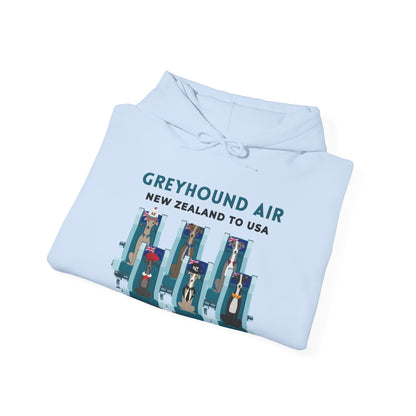 Greyhound Air unisex hooded sweatshirt with New Zealand to USA aviation graphic, classic fit design