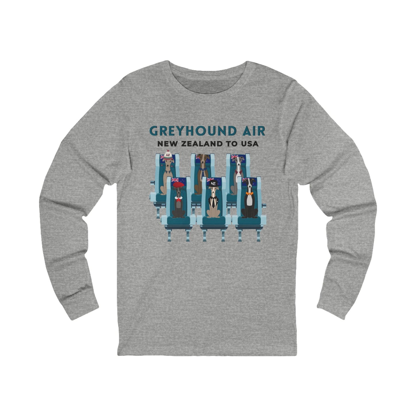 Greyhound Air long-sleeve unisex shirt featuring New Zealand to USA greyhound rescue aviation-inspired design