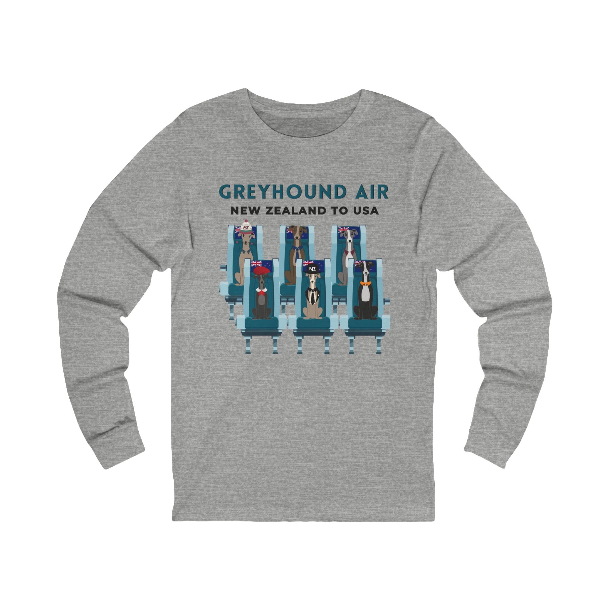 Greyhound Air long-sleeve unisex shirt featuring New Zealand to USA greyhound rescue aviation-inspired design