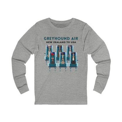 Greyhound Air long-sleeve unisex shirt featuring New Zealand to USA greyhound rescue aviation-inspired design