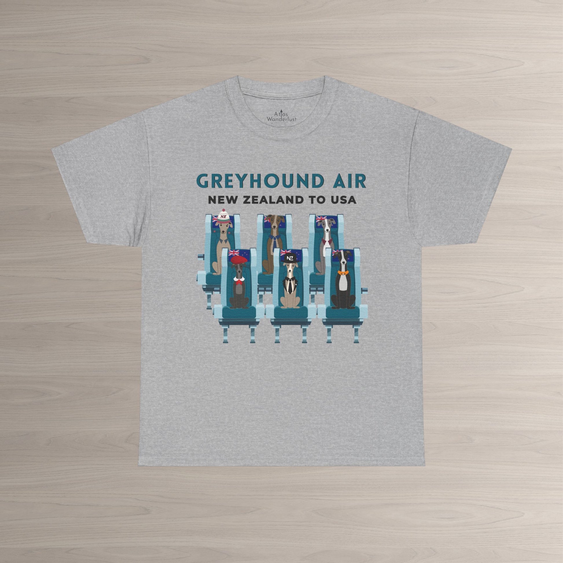 Greyhound Air short sleeve unisex shirt featuring New Zealand to USA greyhound rescue aviation design