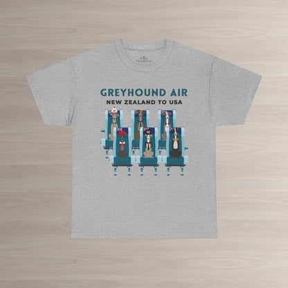 Greyhound Air short sleeve unisex shirt featuring New Zealand to USA greyhound rescue aviation design