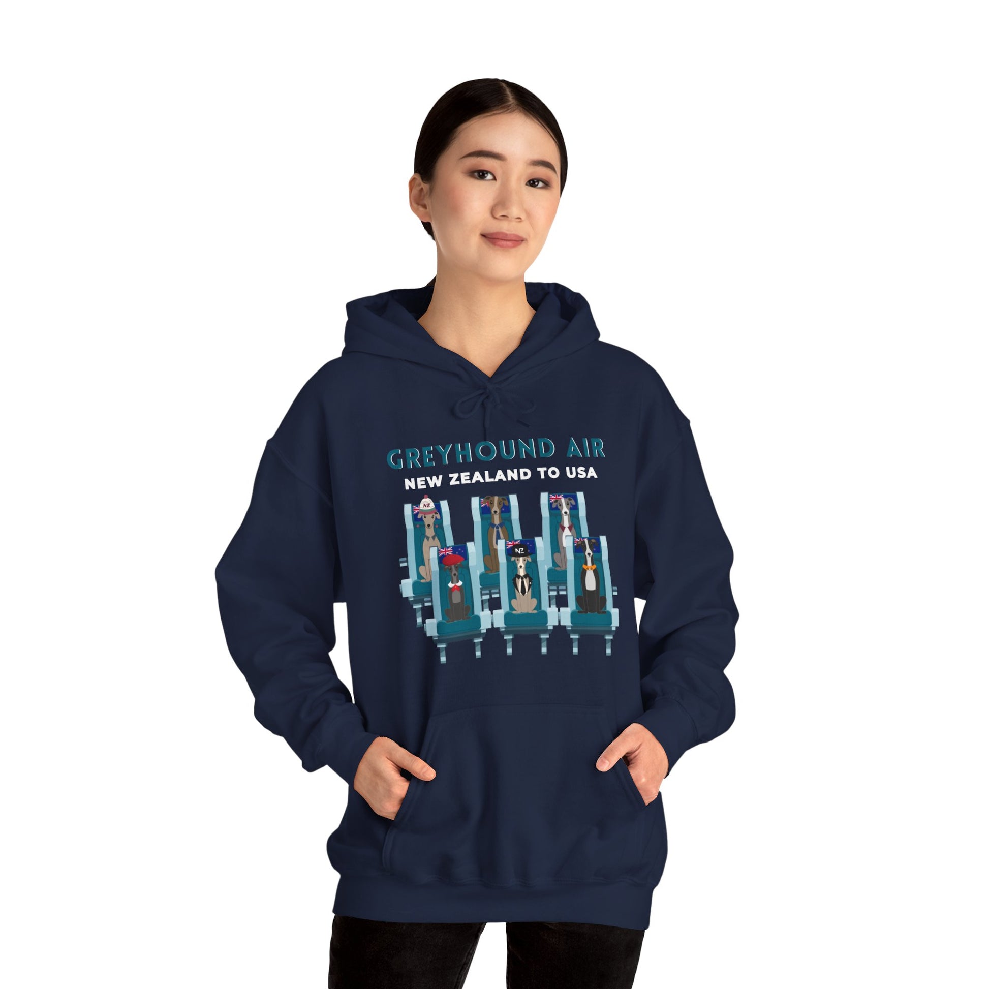 Greyhound Air unisex hooded sweatshirt with New Zealand to USA aviation graphic, classic fit design