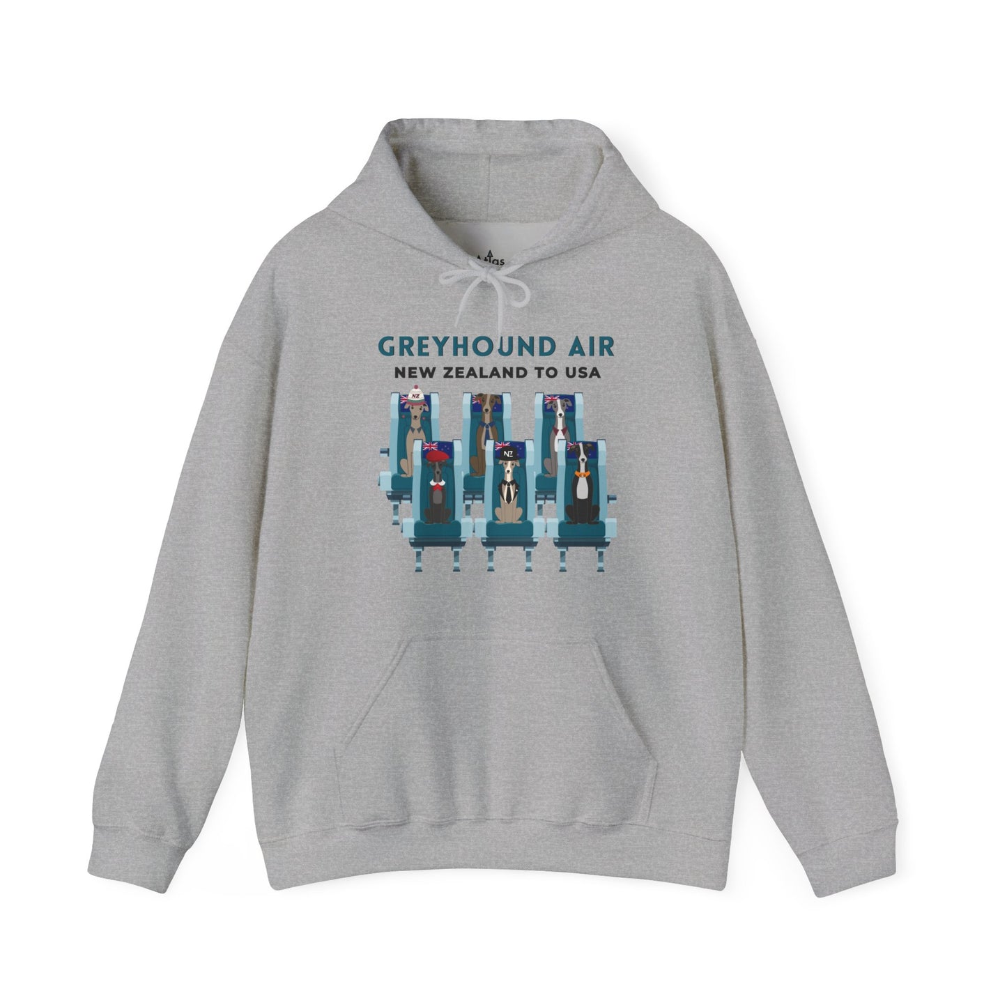 Greyhound Air unisex hooded sweatshirt with New Zealand to USA aviation graphic, classic fit design