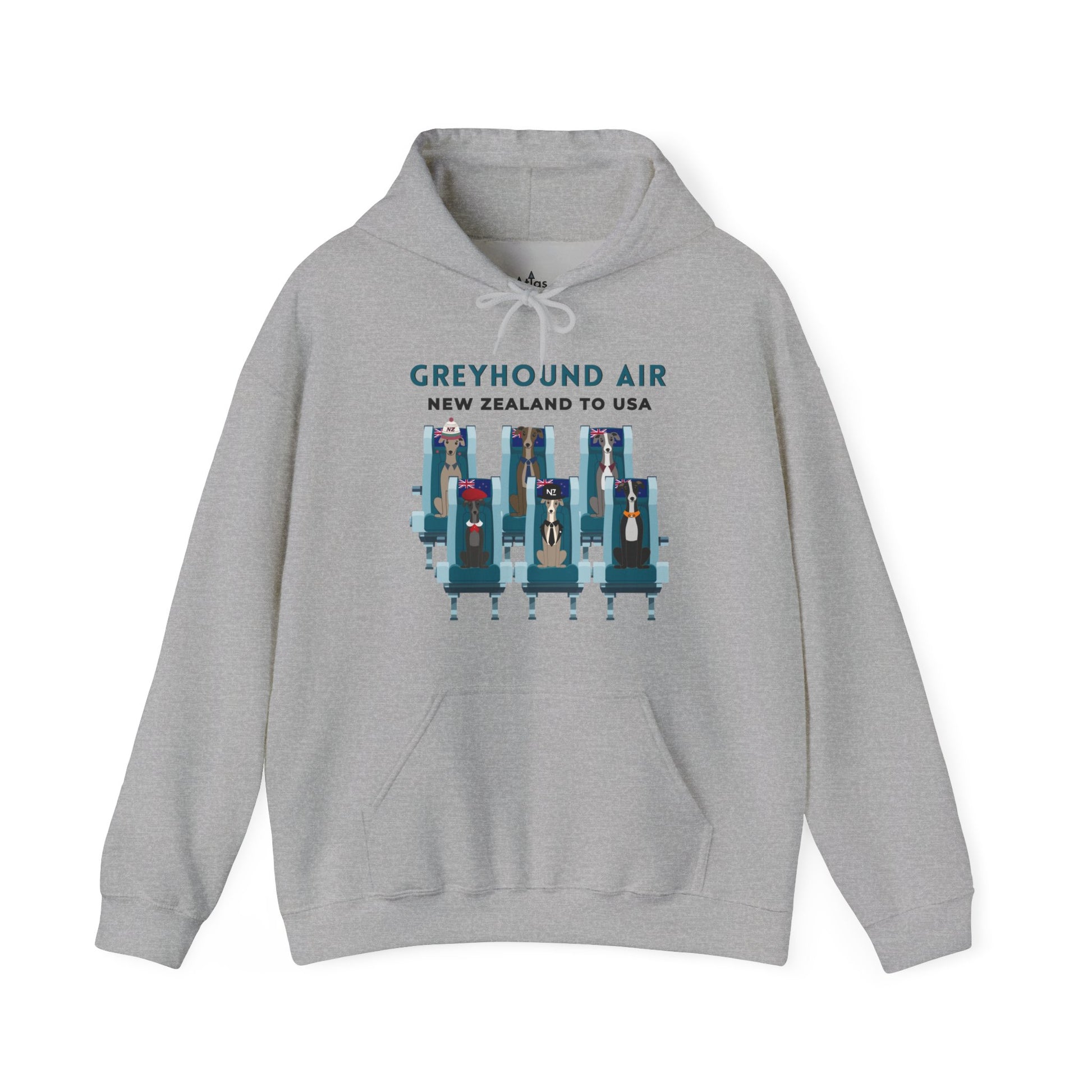 Greyhound Air unisex hooded sweatshirt with New Zealand to USA aviation graphic, classic fit design