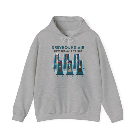 Greyhound Air unisex hooded sweatshirt with New Zealand to USA aviation graphic, classic fit design