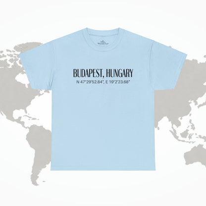 Budapest Hungary Coordinates T-Shirt, Modern Travel Tee Atlas Wanderlust