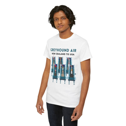 Greyhound Air short sleeve unisex shirt featuring New Zealand to USA greyhound rescue aviation design