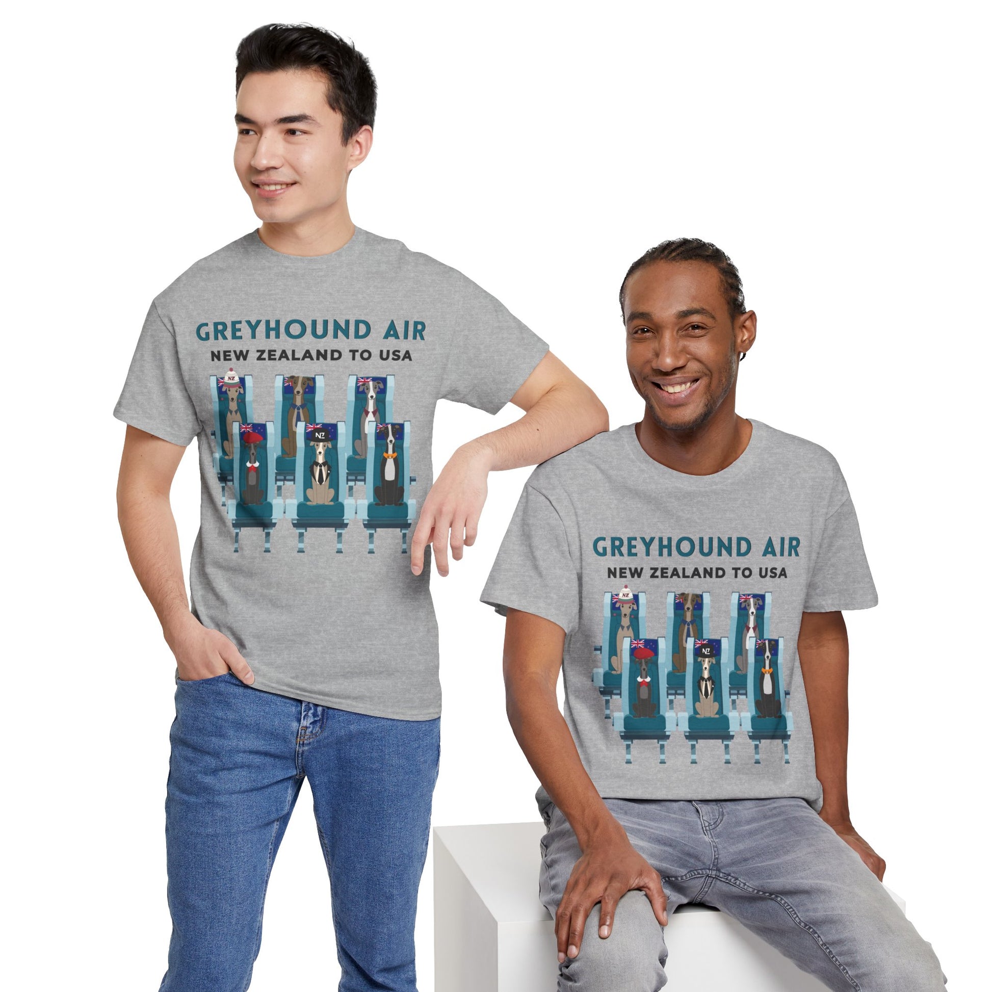 Greyhound Air short sleeve unisex shirt featuring New Zealand to USA greyhound rescue aviation design