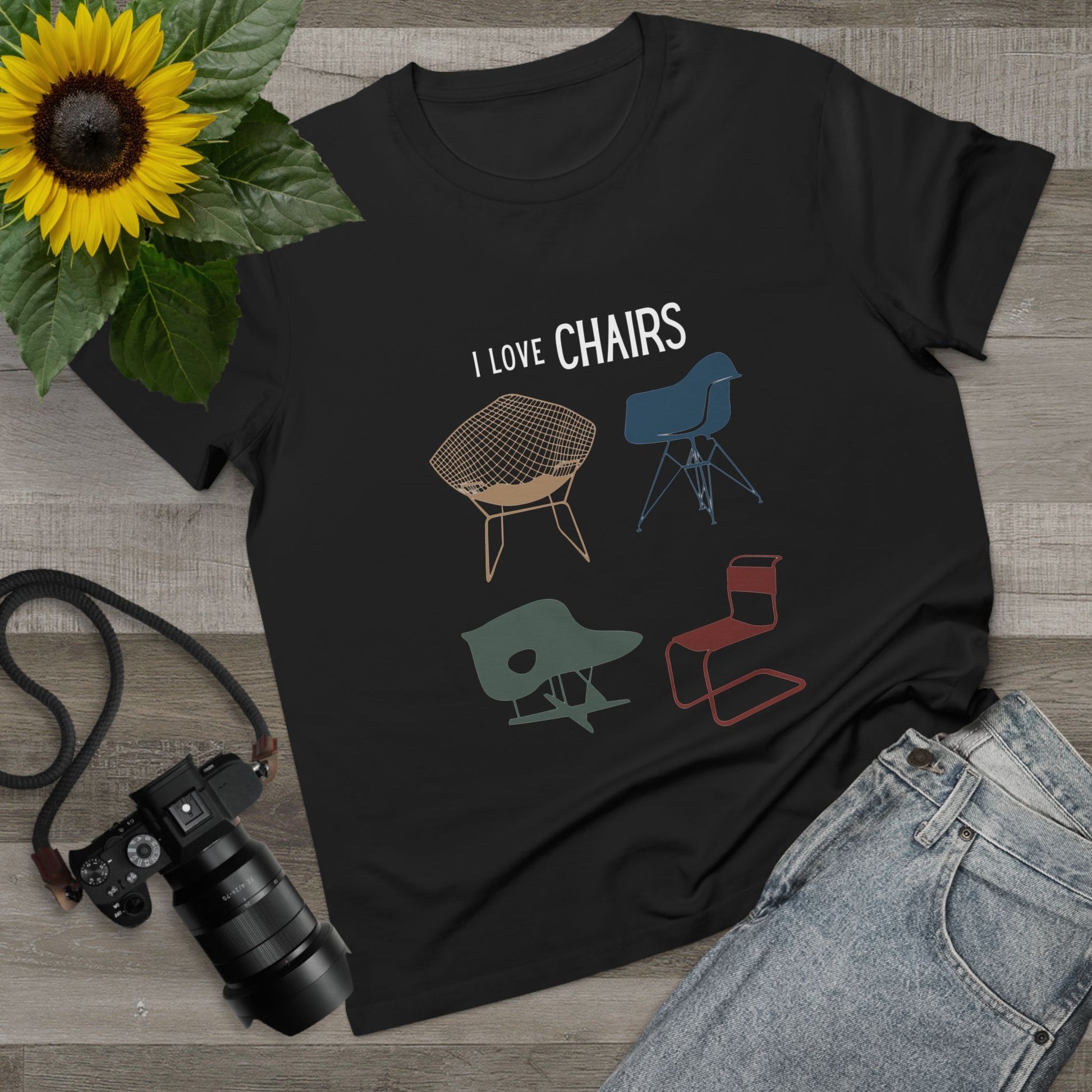 I Love Chairs women’s v-neck t-shirt featuring iconic chair design graphics