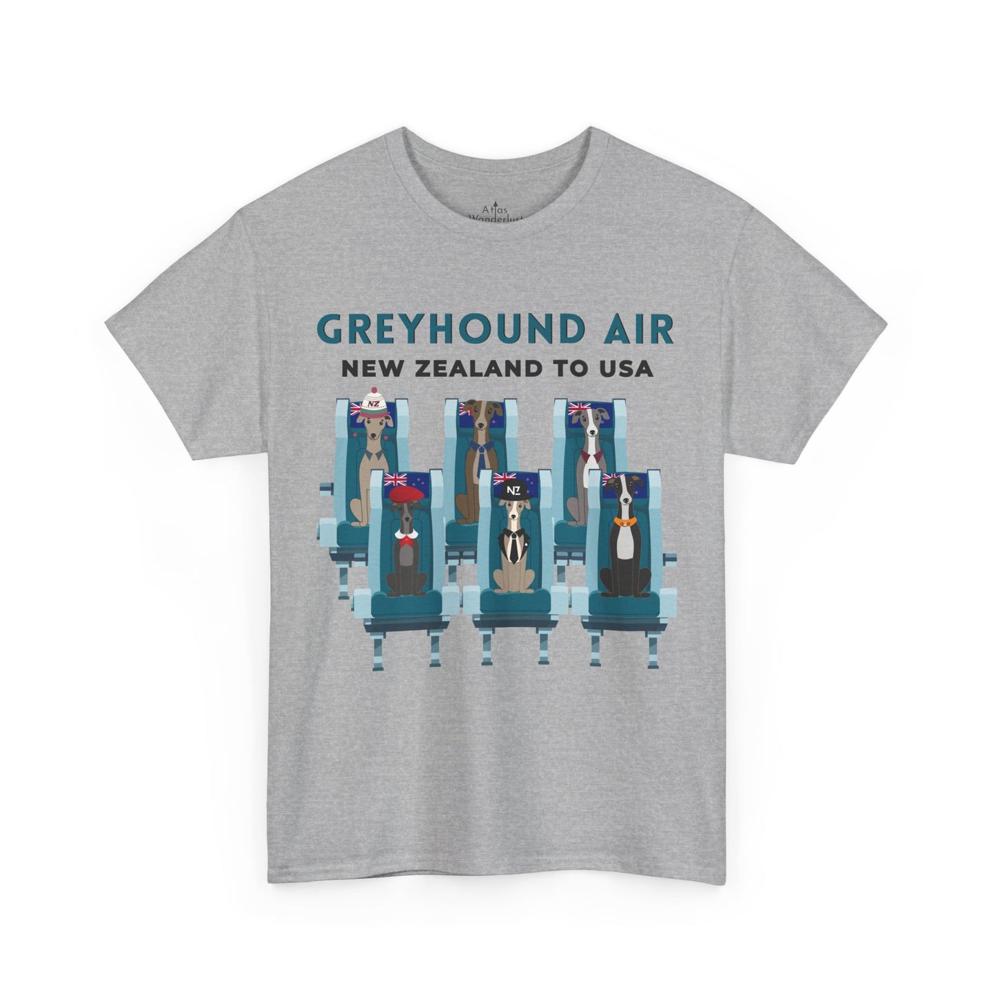 Greyhound Air short sleeve unisex shirt featuring New Zealand to USA greyhound rescue aviation design