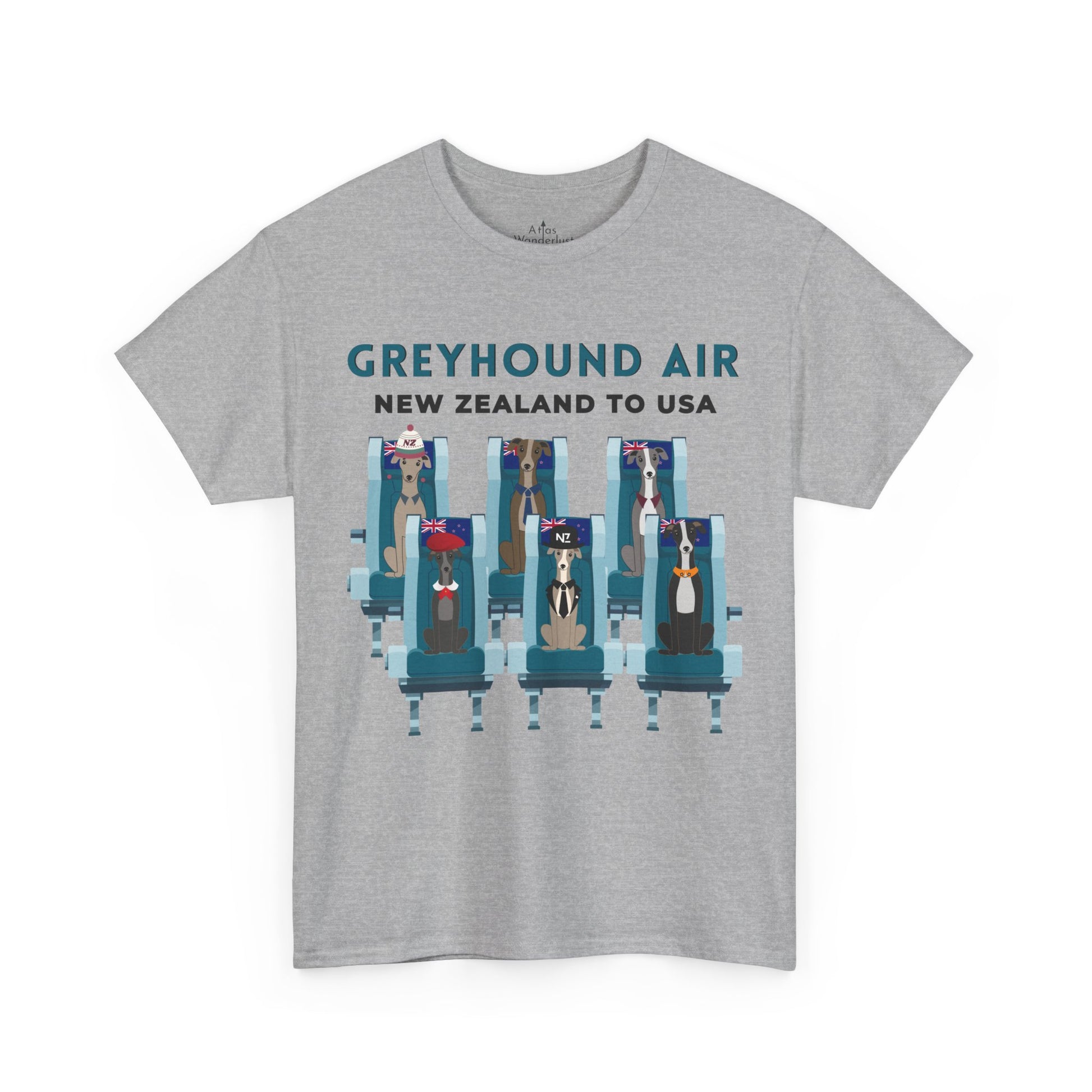 Greyhound Air short sleeve unisex shirt featuring New Zealand to USA greyhound rescue aviation design