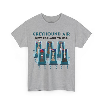Greyhound Air short sleeve unisex shirt featuring New Zealand to USA greyhound rescue aviation design