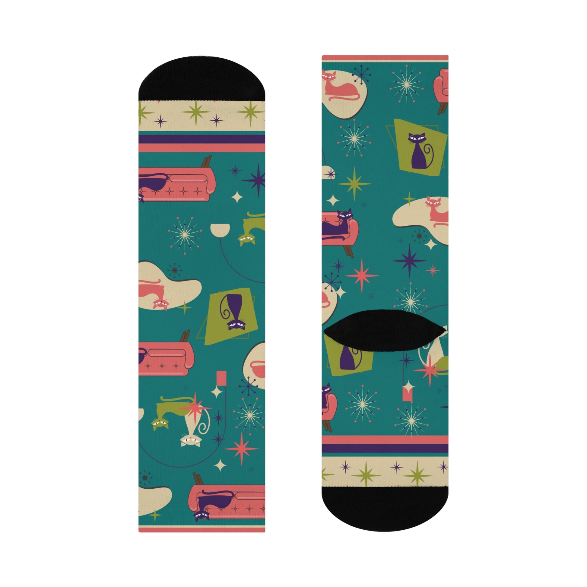 MCM Retro Feline Cat Socks Unisex Adult Stretchy Mid Calf Original Atlas Wanderlust