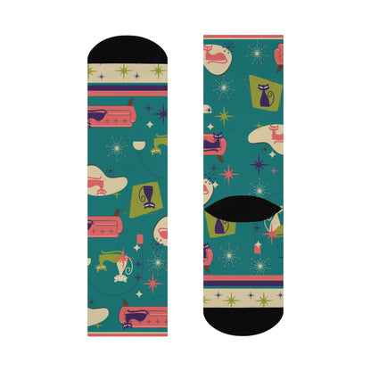 MCM Retro Feline Cat Socks Unisex Adult Stretchy Mid Calf Original Atlas Wanderlust