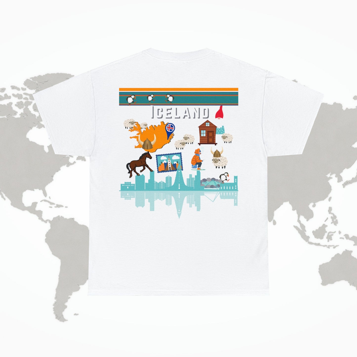 Iceland T-Shirt, 2-Sided Travel Tee Puffins Viking Atlas Wanderlust