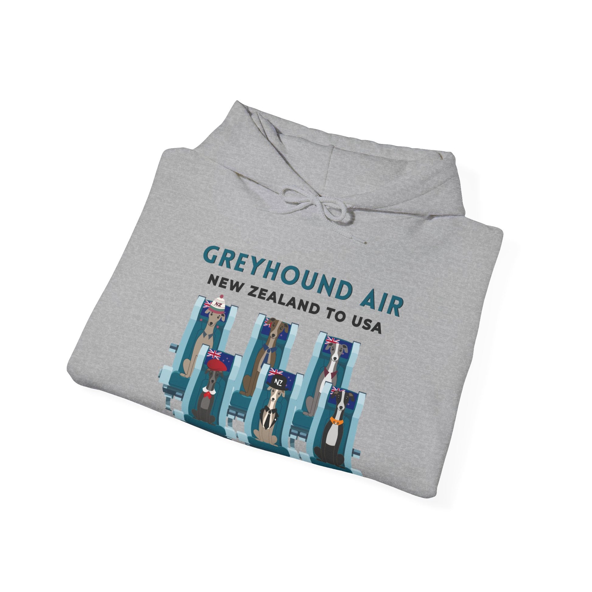 Greyhound Air unisex hooded sweatshirt with New Zealand to USA aviation graphic, classic fit design
