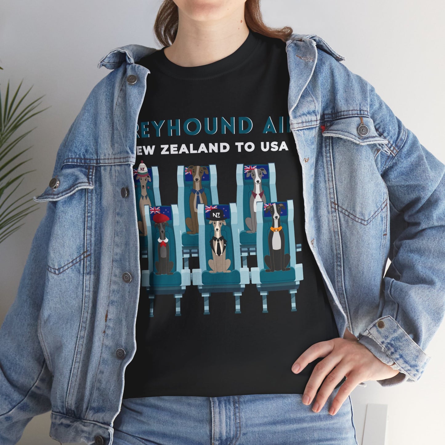 Greyhound Air short sleeve unisex shirt featuring New Zealand to USA greyhound rescue aviation design