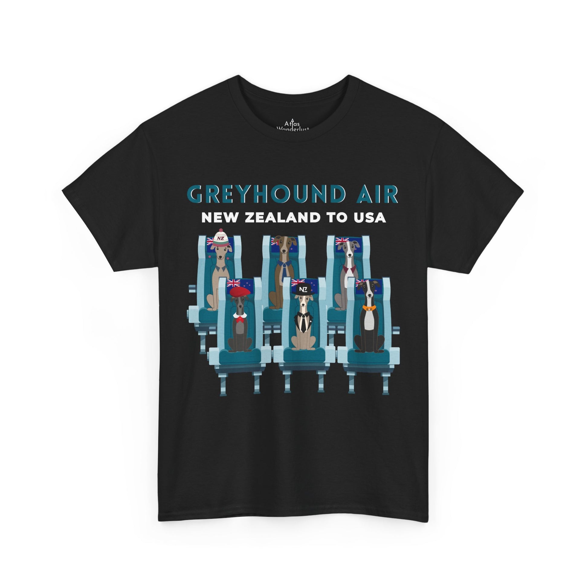 Greyhound Air short sleeve unisex shirt featuring New Zealand to USA greyhound rescue aviation design