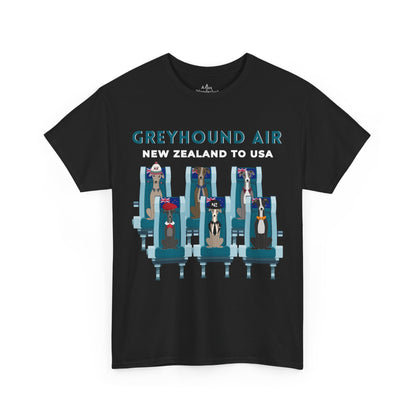 Greyhound Air short sleeve unisex shirt featuring New Zealand to USA greyhound rescue aviation design