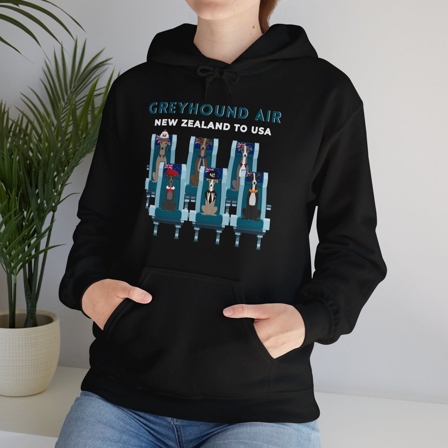 Greyhound Air unisex hooded sweatshirt with New Zealand to USA aviation graphic, classic fit design