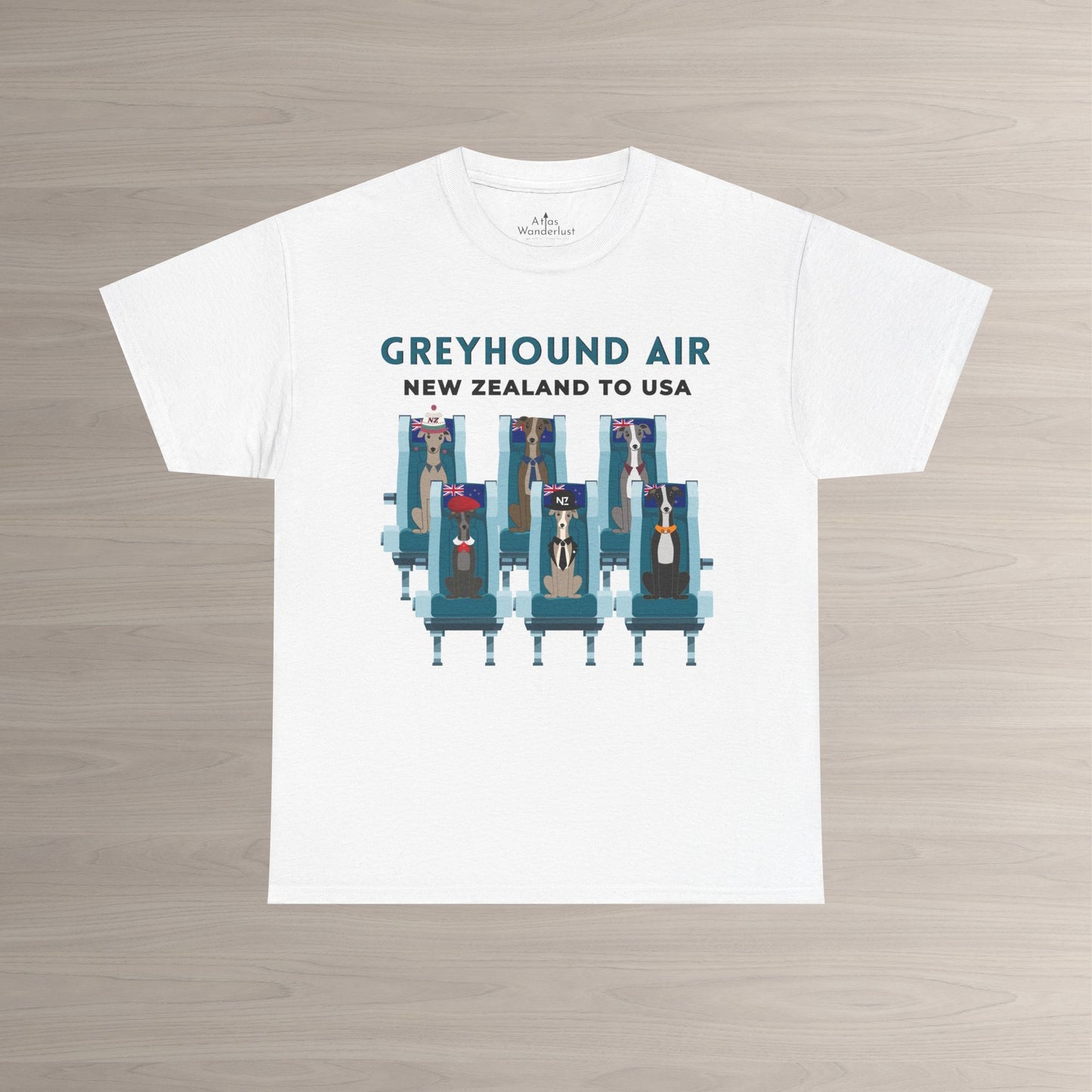 Greyhound Air short sleeve unisex shirt featuring New Zealand to USA greyhound rescue aviation design