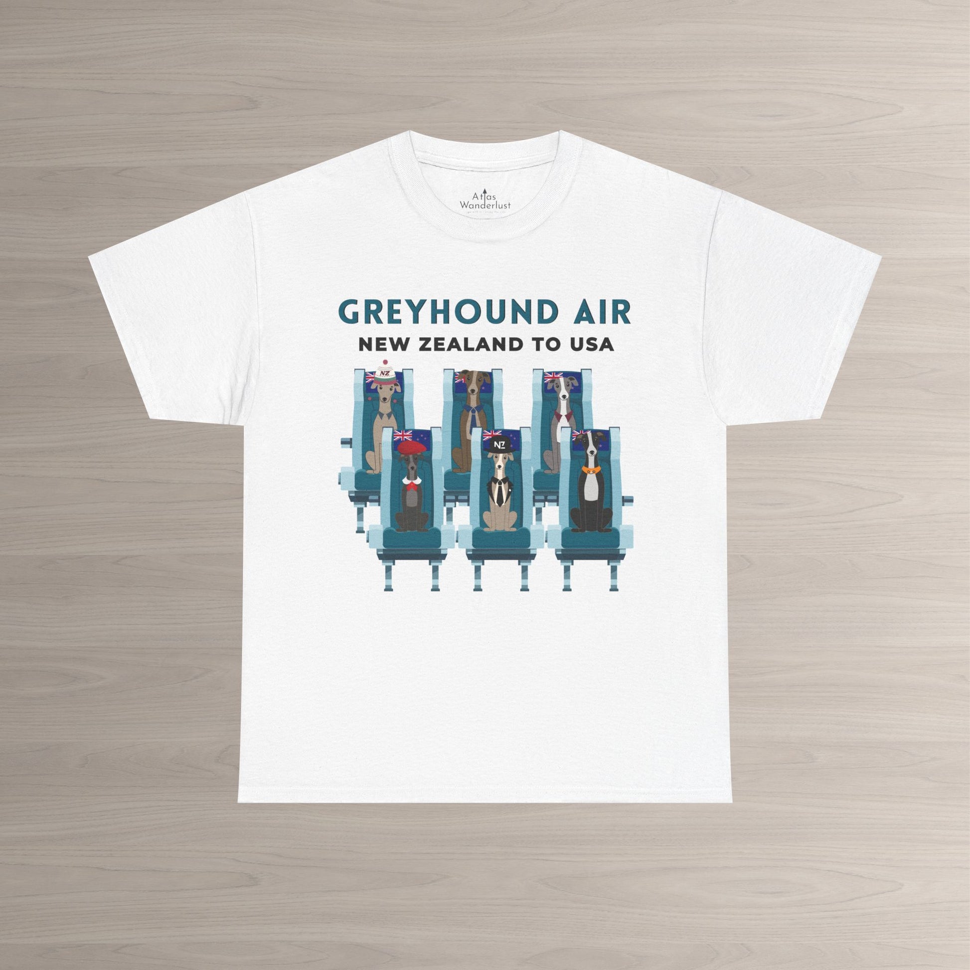 Greyhound Air short sleeve unisex shirt featuring New Zealand to USA greyhound rescue aviation design