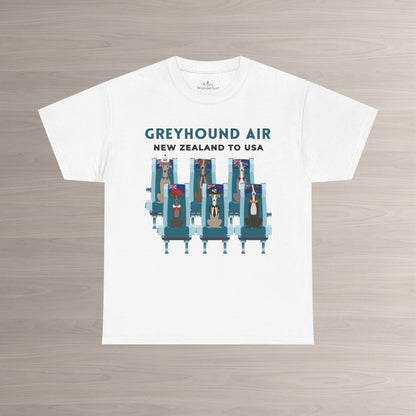 Greyhound Air short sleeve unisex shirt featuring New Zealand to USA greyhound rescue aviation design