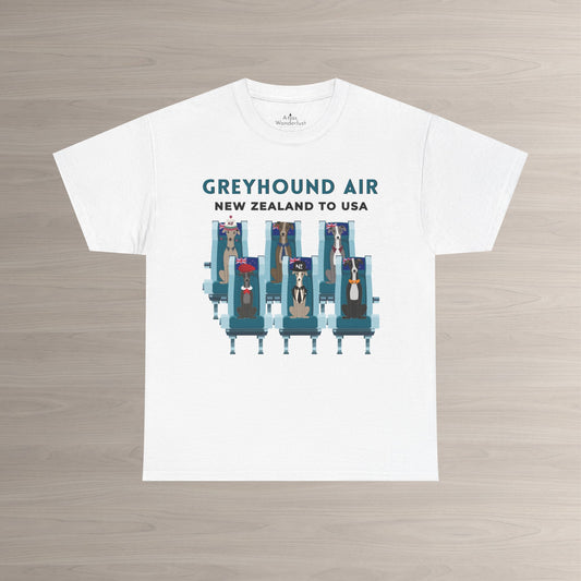 Greyhound Air short sleeve unisex shirt featuring New Zealand to USA greyhound rescue aviation design