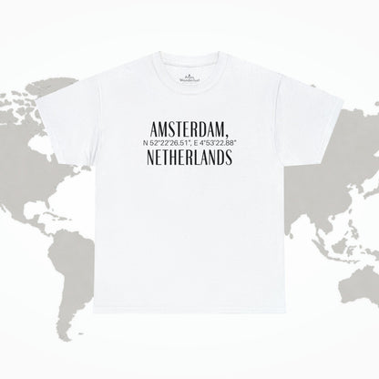 Amsterdam Netherlands Coordinates T-Shirt, Modern Holland Tee Atlas Wanderlust