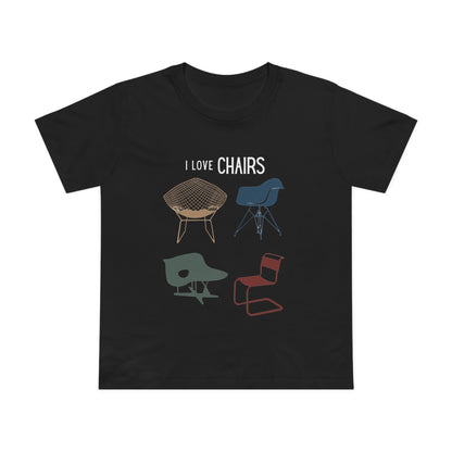 I Love Chairs women’s v-neck t-shirt featuring iconic chair design graphics