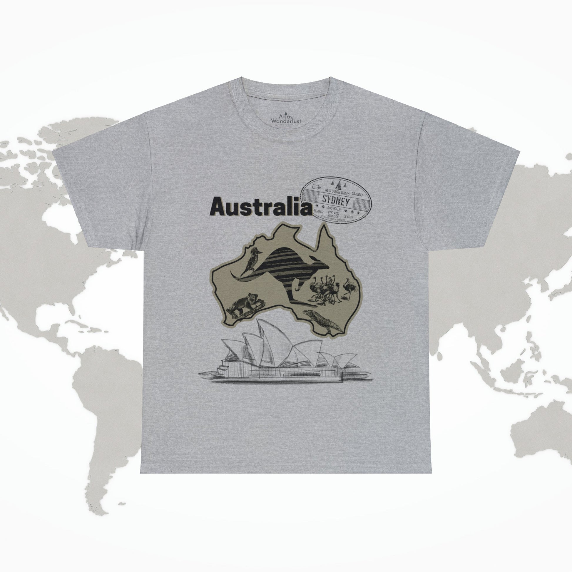 Australia Down Under T-Shirt, Kangaroo Tee Atlas Wanderlust