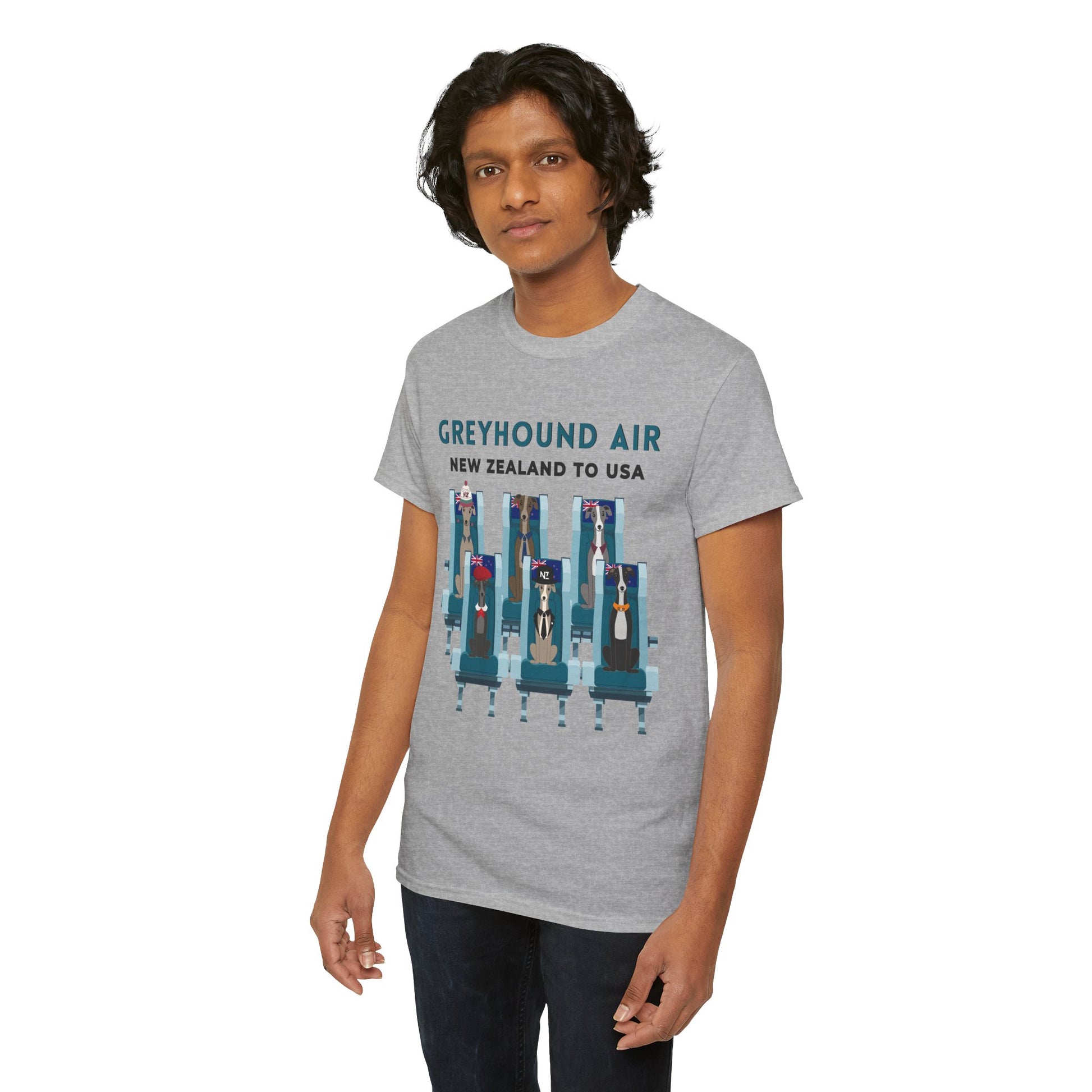 Greyhound Air short sleeve unisex shirt featuring New Zealand to USA greyhound rescue aviation design