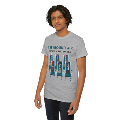 Greyhound Air short sleeve unisex shirt featuring New Zealand to USA greyhound rescue aviation design