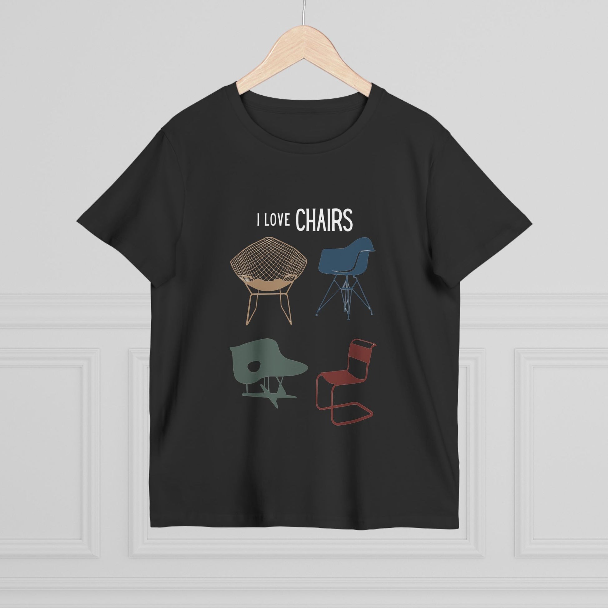 I Love Chairs women’s v-neck t-shirt featuring iconic chair design graphics