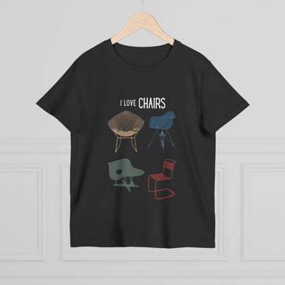 I Love Chairs women’s v-neck t-shirt featuring iconic chair design graphics