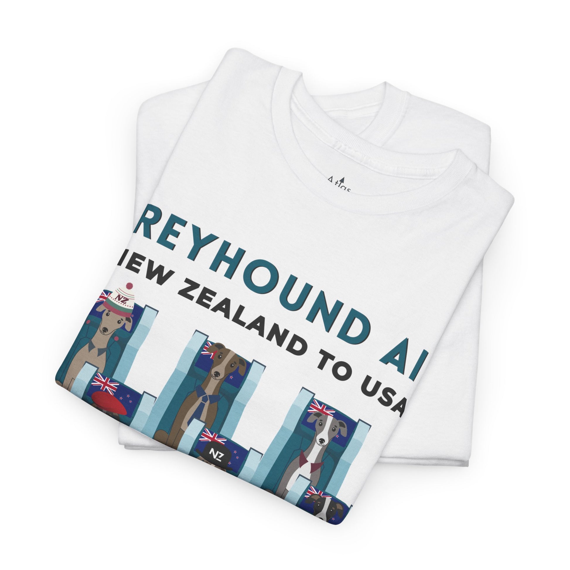 Greyhound Air short sleeve unisex shirt featuring New Zealand to USA greyhound rescue aviation design