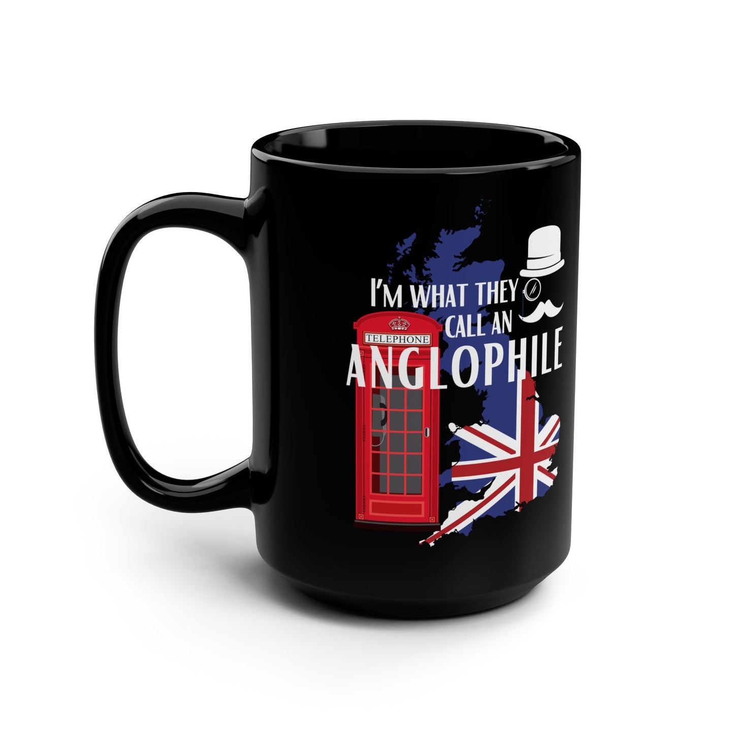 Anglophile 15 oz ceramic coffee mug with modern England and British culture inspired design