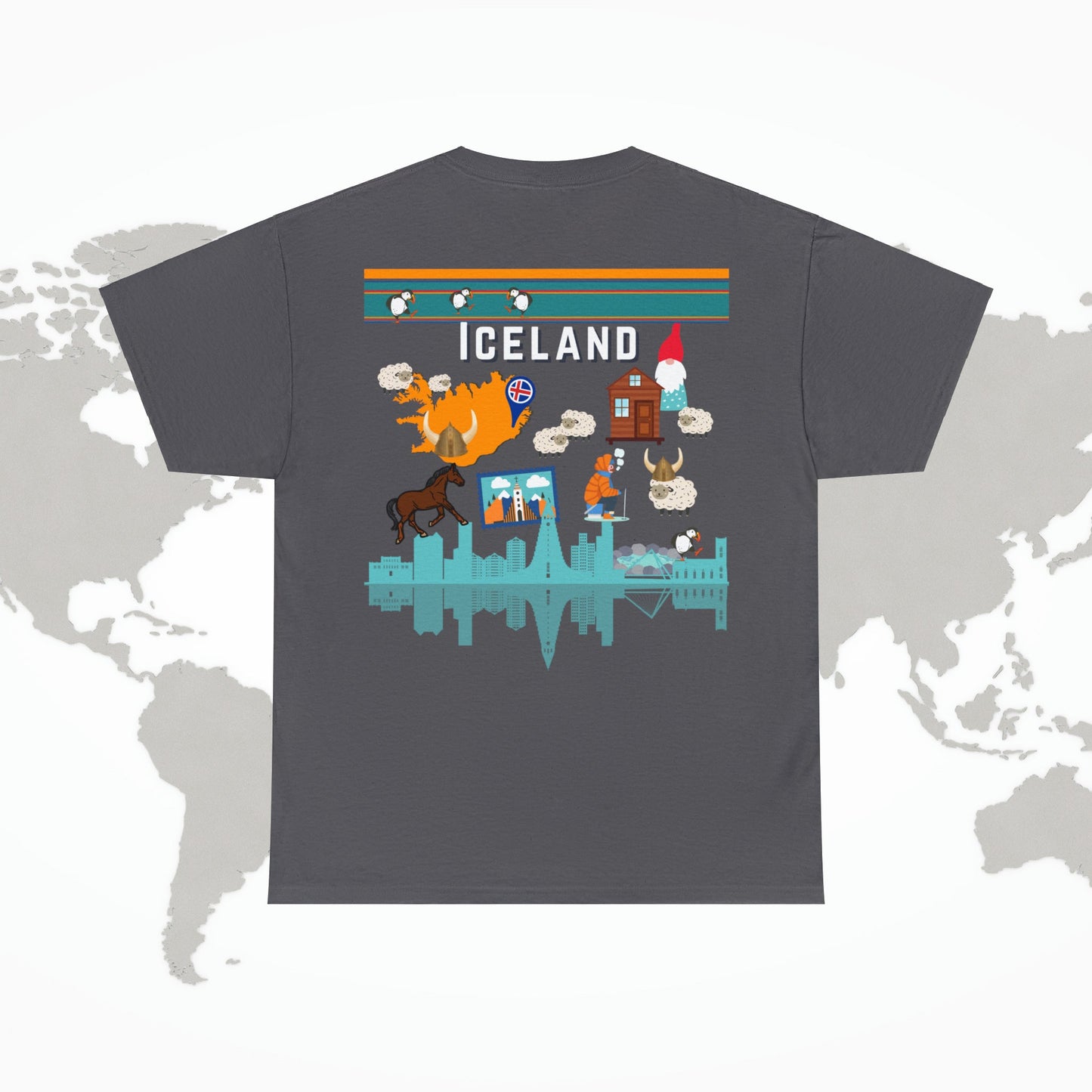 Iceland T-Shirt, 2-Sided Travel Tee Puffins Viking Atlas Wanderlust