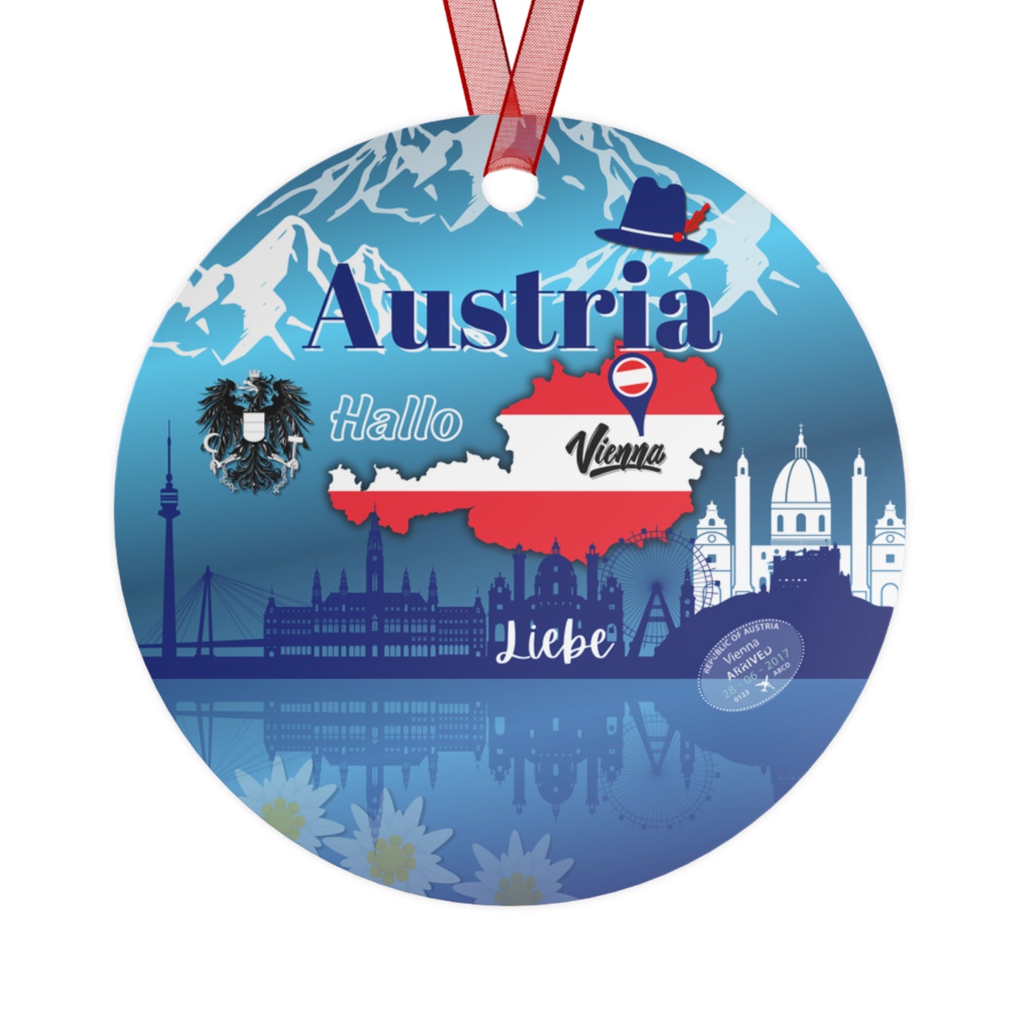 Decorative round ornament with Austria-themed design featuring landmarks and text.