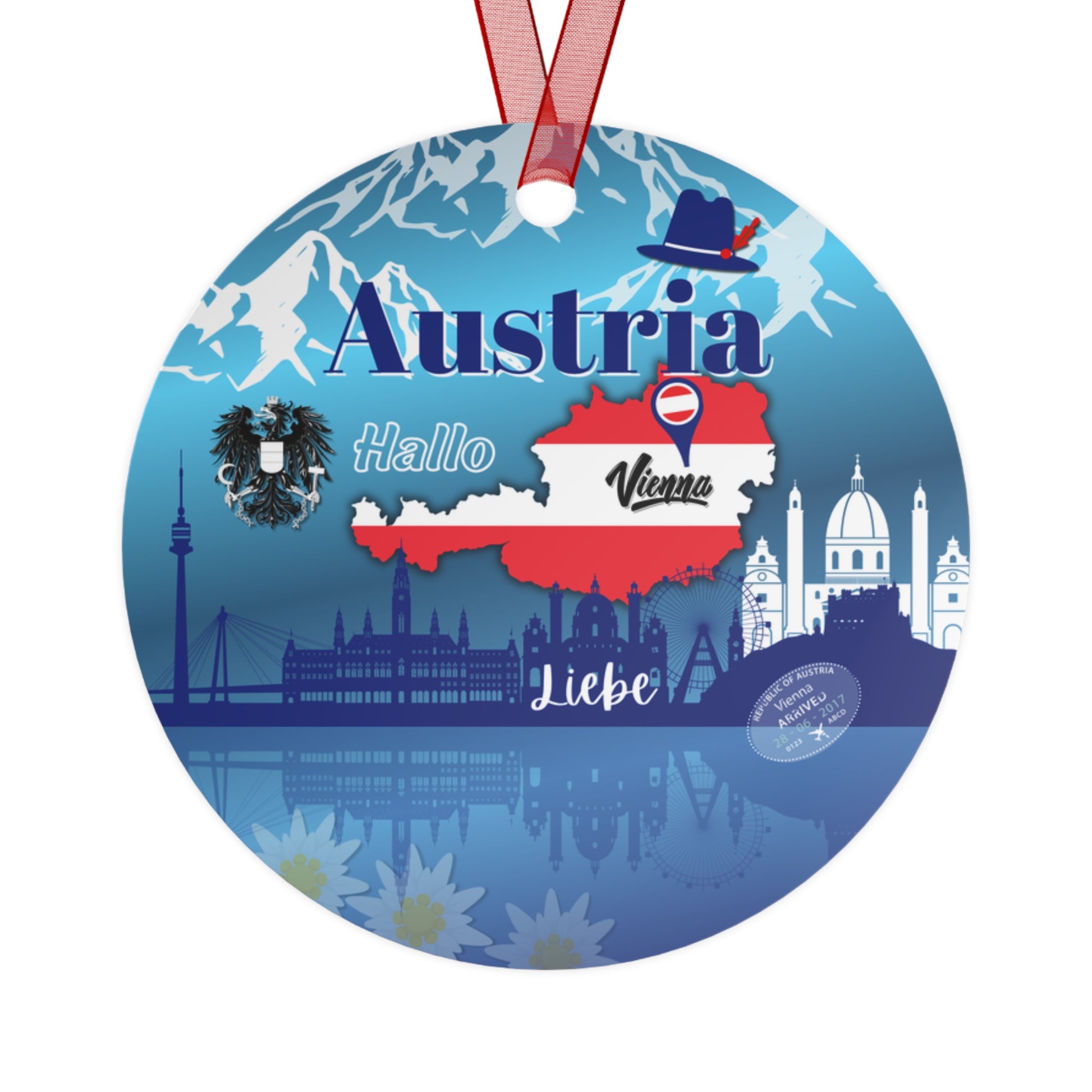 Decorative round ornament with Austria-themed design featuring landmarks and text.