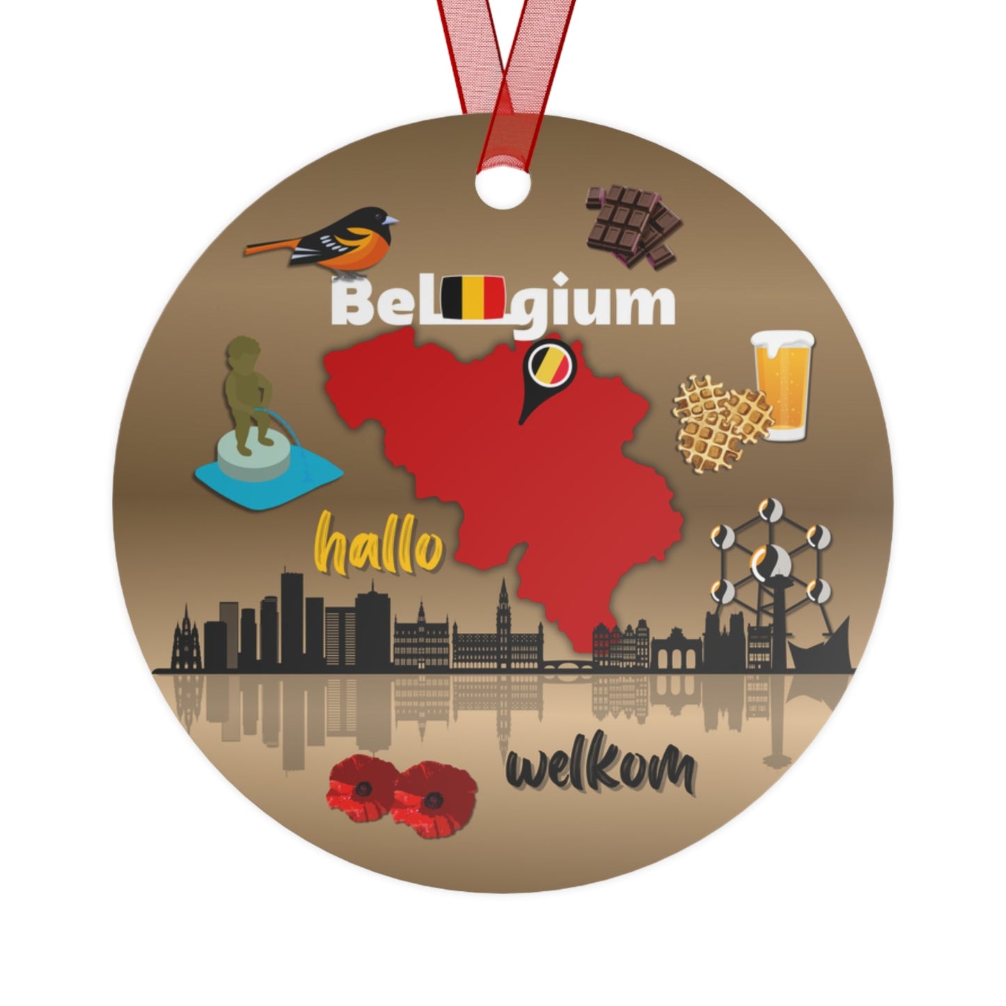 Belgium Travel Ornament – Brussels Skyline, Map & Iconic Belgian Treats Atlas Wanderlust