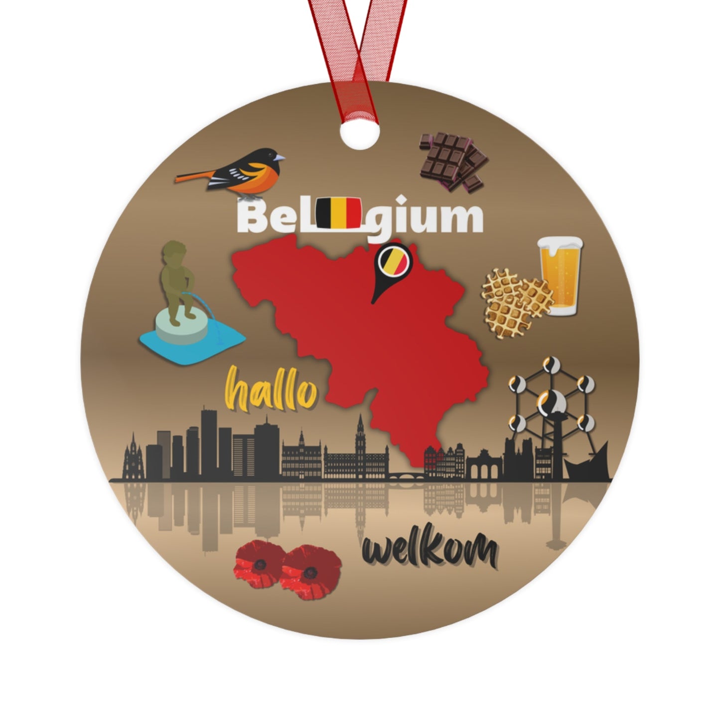 Belgium Travel Ornament – Brussels Skyline, Map & Iconic Belgian Treats Atlas Wanderlust