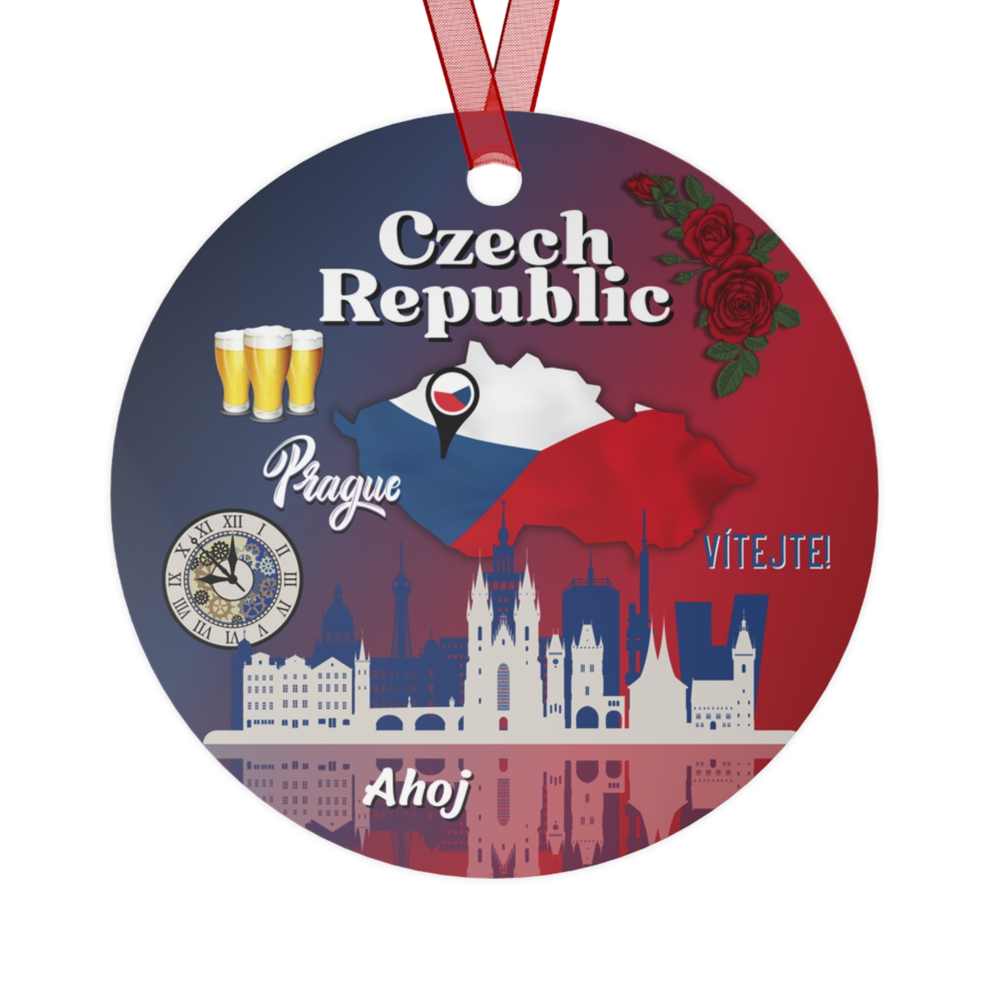 Decorative round emblem with Czech Republic design elements including a map, beer glasses, and skyline.