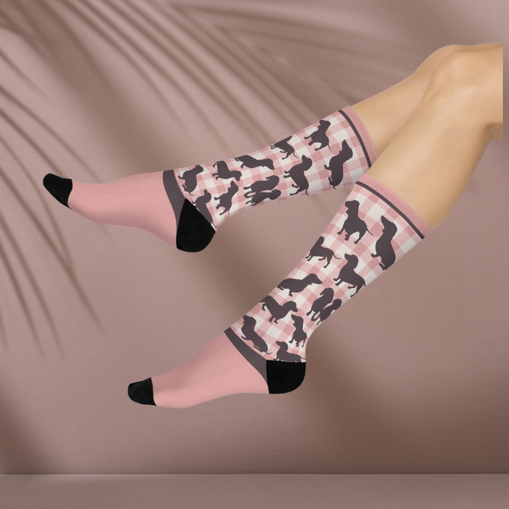 Dachshund Socks Gingham Unisex Adult Stretchy Mid Calf Original Atlas Wanderlust